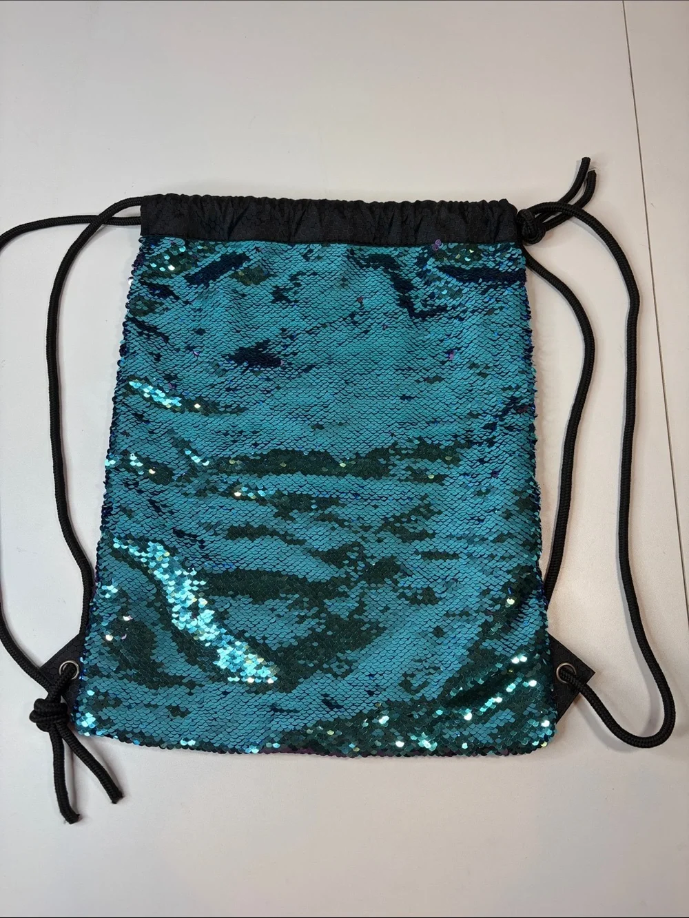 Reversible Sequin Drawstring Backpack Bag Teal Purple Mermaid Sparkle